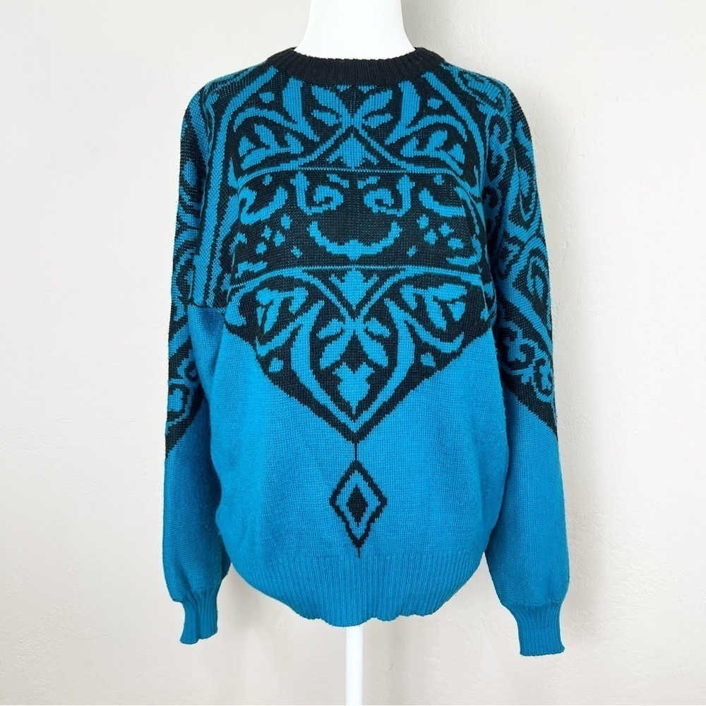 Nils Vintage Nordic Winter Blue Black Wool Blend Sweater Size Large